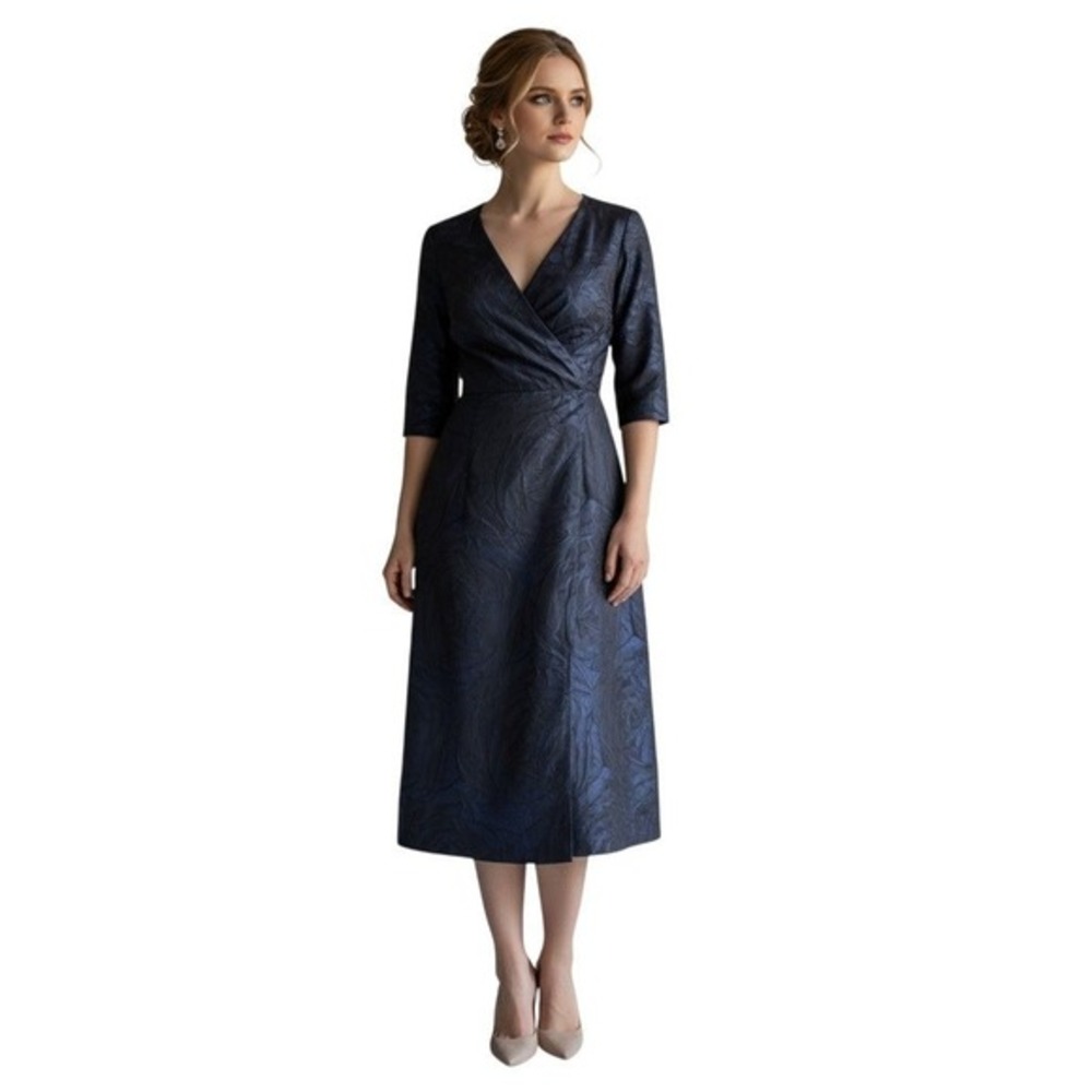 Kay Unger Navy Blue Floral Jacquard Surplice V-Neck Midi Dress 2 5516232